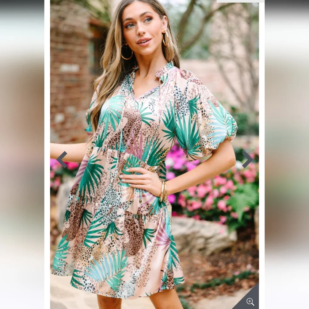 entro Tropical Print Short Dress in Teal, Lavender, Beige